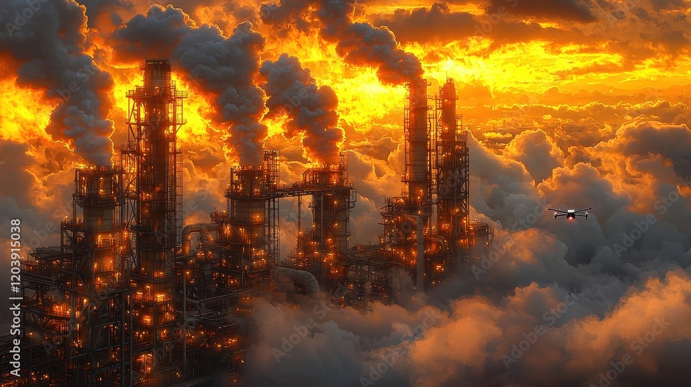 Fototapeta premium A futuristic industrial district background bathed in neon light. Glowing pipes and conduits extend infinitely into the mist, and hovering drones patrol the area under a vibrant twilight sky. 
