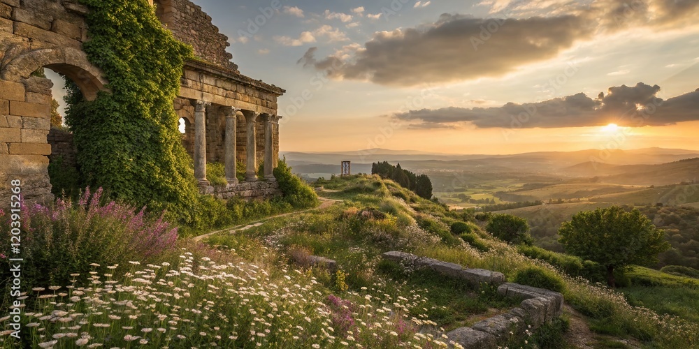 Overgrown Ruins of an Ancient Stone Structure at Sunset - Landscape Photography Overgrown Ruins of an Ancient Stone Structure at Sunset - Landscape Photography