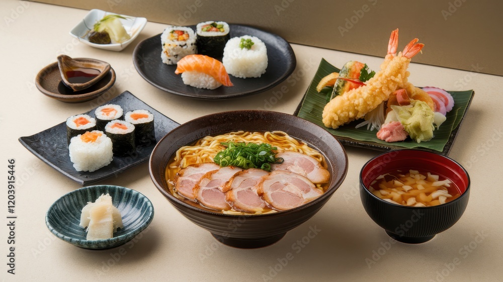 Assorted Japanese Cuisine Includes Sushi Ramen And Tempura Assorted Japanese Cuisine Includes Sushi Ramen And Tempura