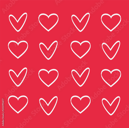 Heart Pattern with hand drawn cute hearts on red background. Romantic print, doodle textured elements, scribble.