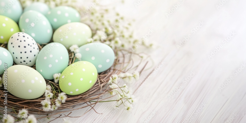 Obraz premium Easter eggs with white dots lying in a decorative nest on white wooden planks, copy space