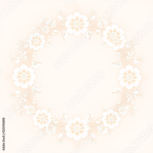 All around, a floral decorative pattern in white and pastel pink tones, symmetrical and harmonious, with a soft background in gradient colors between beige and light pink.