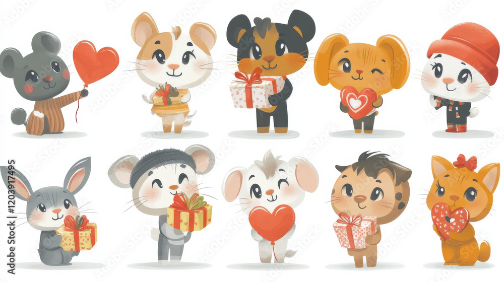 Illustration set of adorable animals—cats, dogs, and bunnies—holding heart-shaped balloons and wearing love accessories. Illustration set of adorable animals—cats, dogs, and bunnies—holding heart-shaped balloons and wearing love accessories.