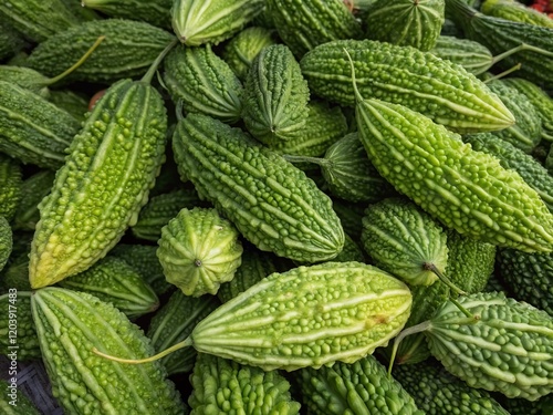 Panoramic Aerial View of Fresh Bitter Gourds, Healthy Green Vegetables