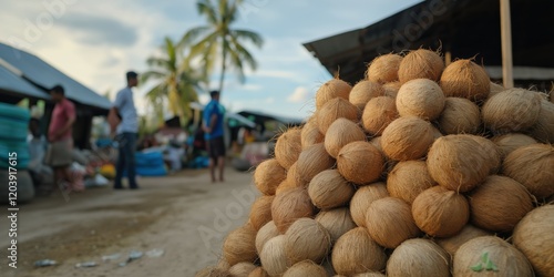 A large pile of coconuts displayed in an outdoor local market setting with a few people in the background. photo