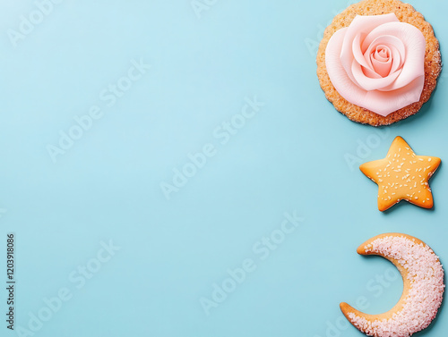 Pink rose cupcake, star, and crescent cookies on blue background photo