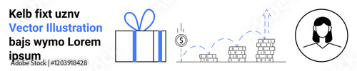 Gift box with blue bow, currency growth chart symbolizing financial success, and female user profile icon. Ideal for financial services, e-commerce, user engagement, rewards programs, investments