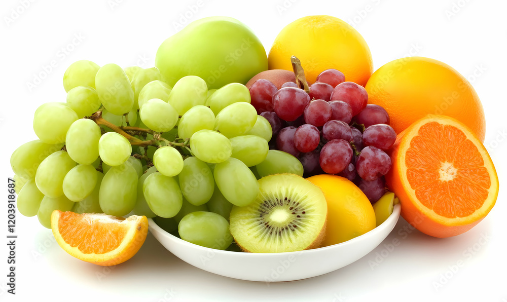 Fresh fruit bowl, studio shot, white background, healthy eating Fresh fruit bowl, studio shot, white background, healthy eating