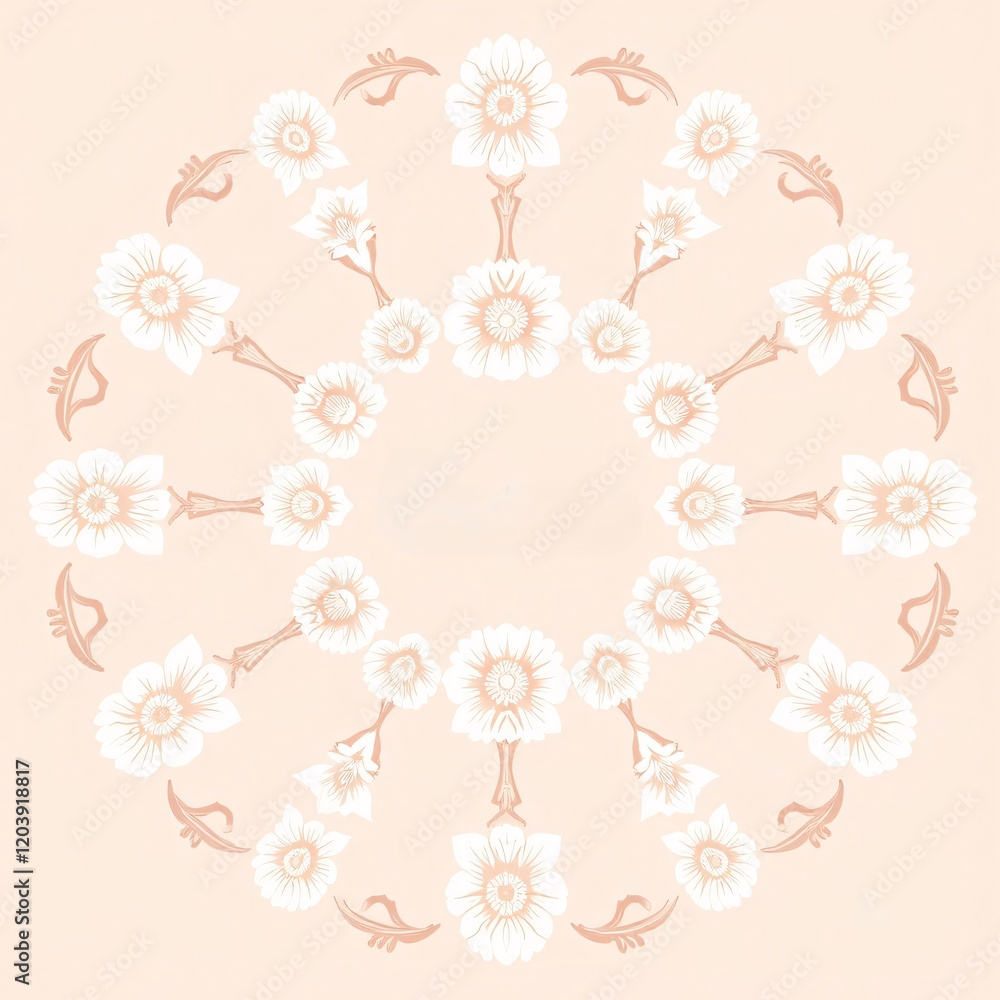 All around, a floral decorative pattern in white and pastel pink tones, symmetrical and harmonious, with a soft background in gradient colors between beige and light pink. All around, a floral decorative pattern in white and pastel pink tones, symmetrical and harmonious, with a soft background in gradient colors between beige and light pink.