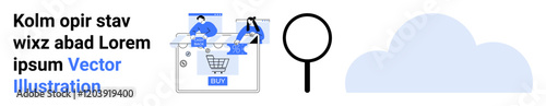People engaging in online shopping activity, a magnifying glass, and a cloud shape. Ideal for e-commerce, search optimization, cloud computing, digital marketing, web design, consumer behavior