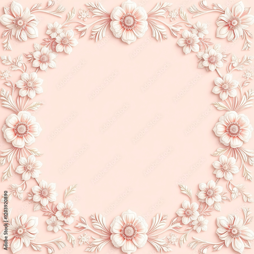 All around, a floral decorative pattern in white and pastel pink tones, symmetrical and harmonious, with a soft background in gradient colors between beige and light pink. All around, a floral decorative pattern in white and pastel pink tones, symmetrical and harmonious, with a soft background in gradient colors between beige and light pink.