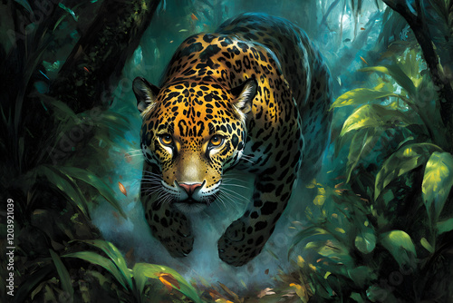 Majestic Jaguar Navigating the Mystical Rainforest: An Intimate Glimpse into its Shadowed Realm of Elegance and Power photo