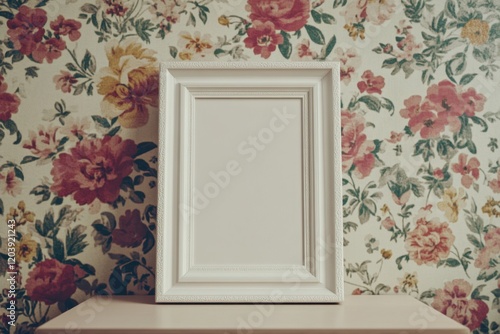 Elegant empty frame stands against a vintage floral wallpaper backdrop, inviting creativity and imagination in a cozy room setting photo