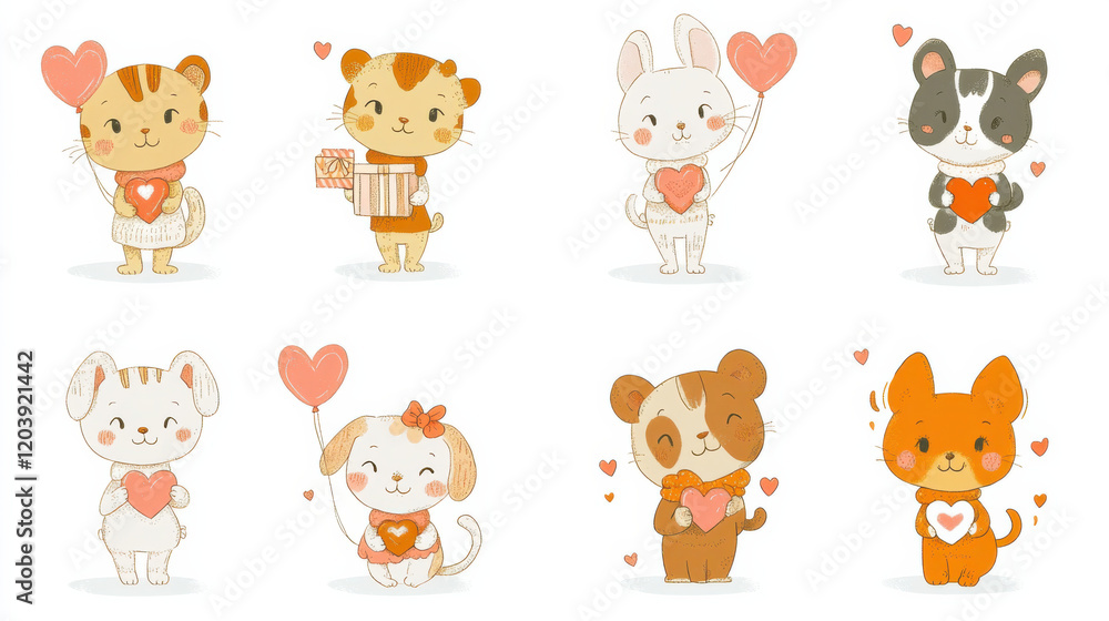 Fototapeta premium Illustration set of adorable animals—cats, dogs, and bunnies—holding heart-shaped balloons and wearing love accessories.