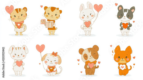 Illustration set of adorable animals—cats, dogs, and bunnies—holding heart-shaped balloons and wearing love accessories.