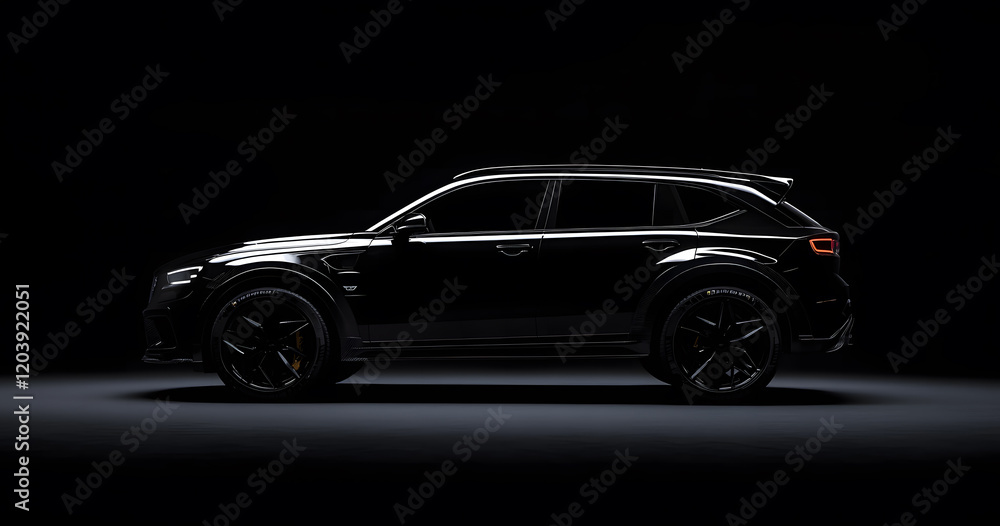 Luxury Black Sports Car on Reflective Surface with Dark Background Luxury Black Sports Car on Reflective Surface with Dark Background