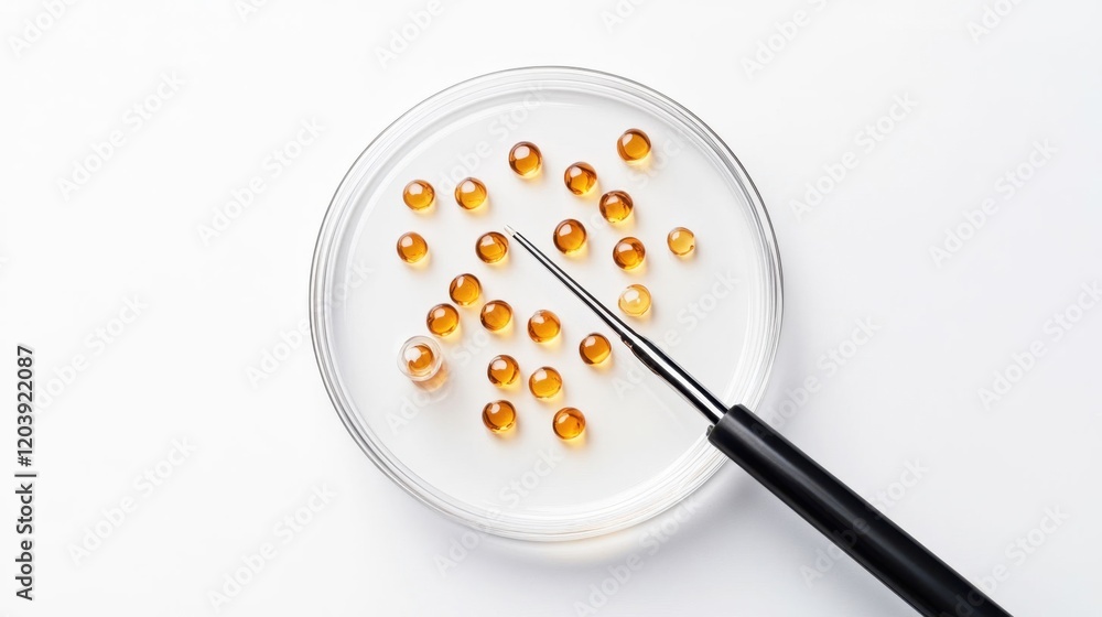 Close-Up View of Transparent Pearls on a White Petri Dish with Tool Close-Up View of Transparent Pearls on a White Petri Dish with Tool