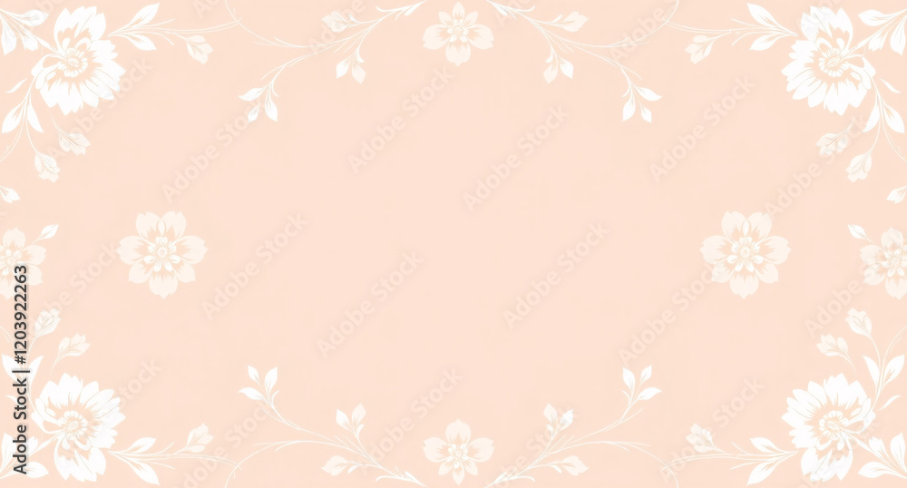 All around, a floral decorative pattern in white and pastel pink tones, symmetrical and harmonious, with a soft background in gradient colors between beige and light pink. All around, a floral decorative pattern in white and pastel pink tones, symmetrical and harmonious, with a soft background in gradient colors between beige and light pink.