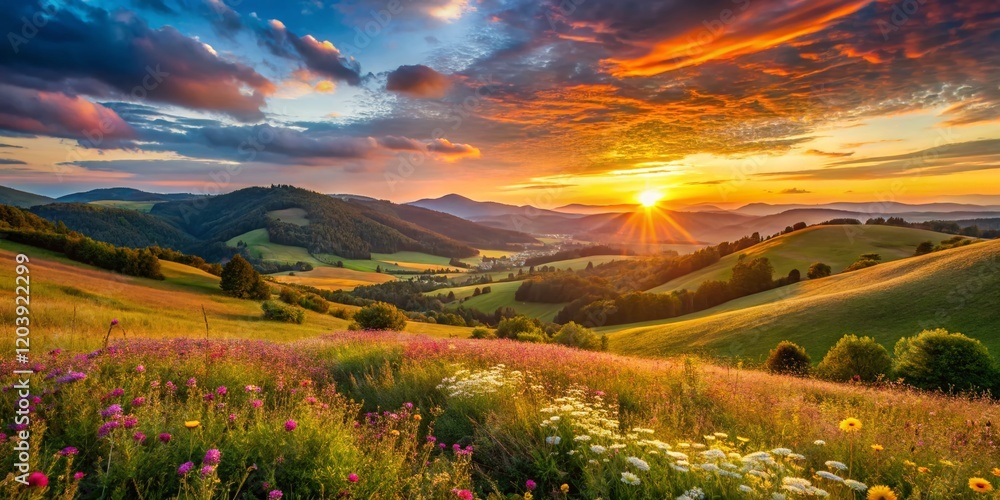 Fototapeta premium Panoramic Gratitude: Sunlit Landscape Expressing Thankfulness