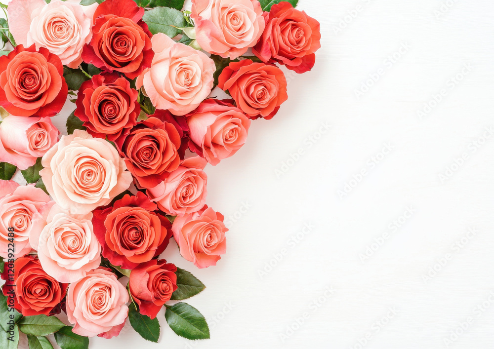Red and pink roses with green leaves arranged on white background Red and pink roses with green leaves arranged on white background