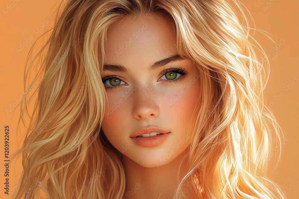 Fototapeta premium a portrait of a woman with light blonde hair in loose curls frames her face accentuating her striking green eyes and radiant smile capturing beauty and personality in a captivating illustration