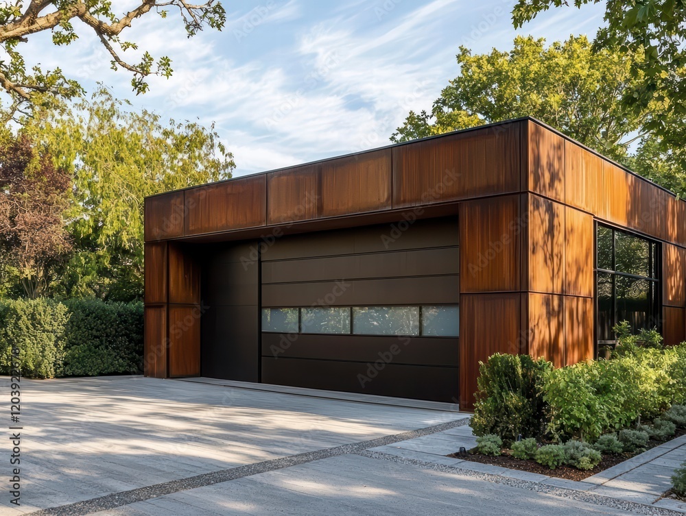 Modern Rustic Garage: A contemporary garage with a unique rustic appeal, featuring a combination of sleek modern lines and warm, weathered rusted metal panels. Modern Rustic Garage: A contemporary garage with a unique rustic appeal, featuring a combination of sleek modern lines and warm, weathered rusted metal panels.