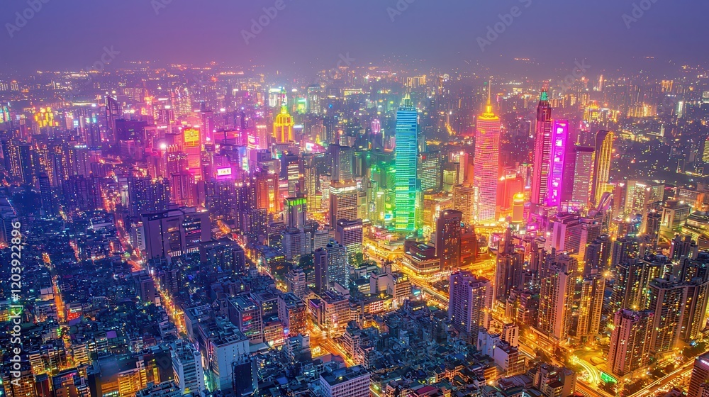 Fototapeta premium A sprawling cyberpunk megacity extending as far as the eye can see, with sleek skyscrapers glowing in neon pink, purple, and blue hues. The air is filled with shimmering rain that reflects vibrant 