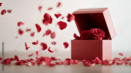  3D podium, display, background. Red, surprise, open gift box. Rose flower falling petals. Luxury cosmetic product presentation. Abstract, love, valentines day or woman's day. 3D render birthday mocku photo