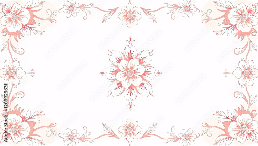 Obraz premium All around, a floral decorative pattern in white and pastel pink tones, symmetrical and harmonious, with a soft background in gradient colors between beige and light pink.