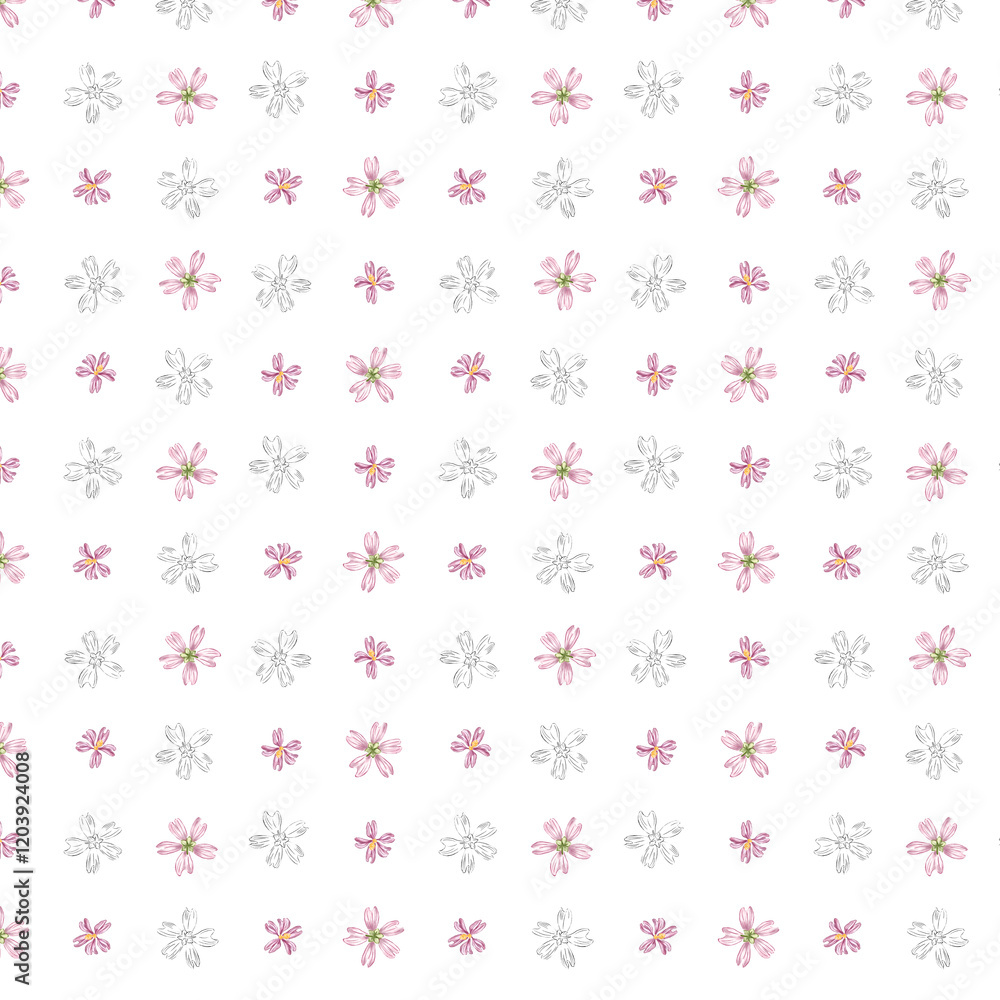 Floral pattern. Seamless pattern with wild wildflower pink flowers. Flower blossom. Illustration in sketch and color style. Doodle and line drawing. Summer design for textile, packaging, paper Floral pattern. Seamless pattern with wild wildflower pink flowers. Flower blossom. Illustration in sketch and color style. Doodle and line drawing. Summer design for textile, packaging, paper