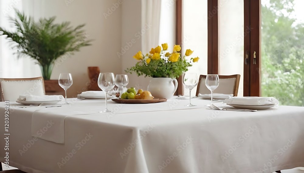 Fototapeta premium Elegant dining arrangement, simple table adorned with white plates, lush greenery centerpiece, family gathered, warm soft light creating a cozy atmosphere for shared moments,furniture, horizontal, 864