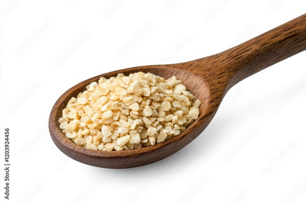 Dried garlic flakes piled in a rustic wooden spoon on a clean white backdrop for culinary and food styling enthusiasts Dried garlic flakes piled in a rustic wooden spoon on a clean white backdrop for culinary and food styling enthusiasts