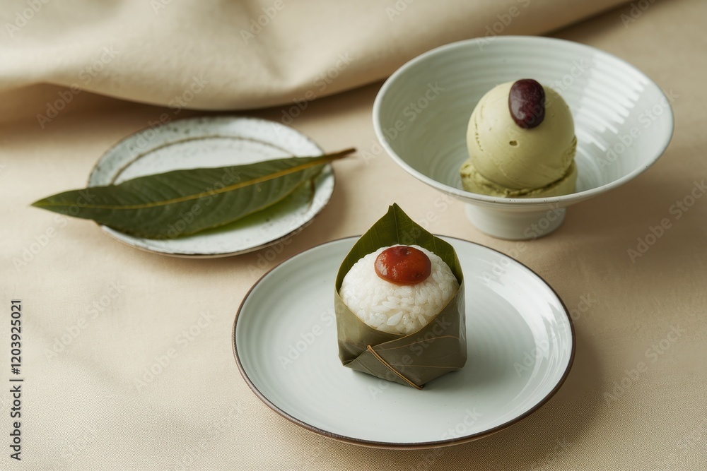 Elegant Japanese Matcha Ice Cream and Rice Cake Elegant Japanese Matcha Ice Cream and Rice Cake