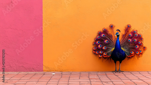 vibrant peacock displays its colorful feathers against bright orange and pink wall, creating striking contrast. scene captures beauty and elegance of this magnificent bird