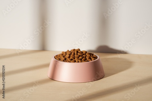 Pink pet bowl filled with dry pet food photo