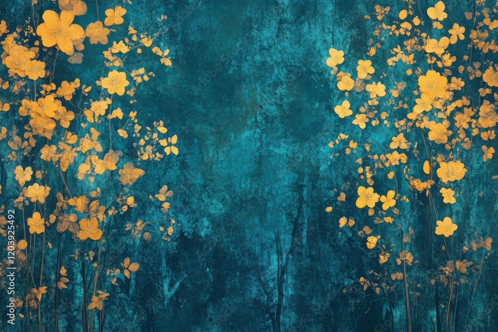 Vibrant woodland backdrop with shimmering golden blooms in teal and blue hues for book cover designs and literary projects Vibrant woodland backdrop with shimmering golden blooms in teal and blue hues for book cover designs and literary projects