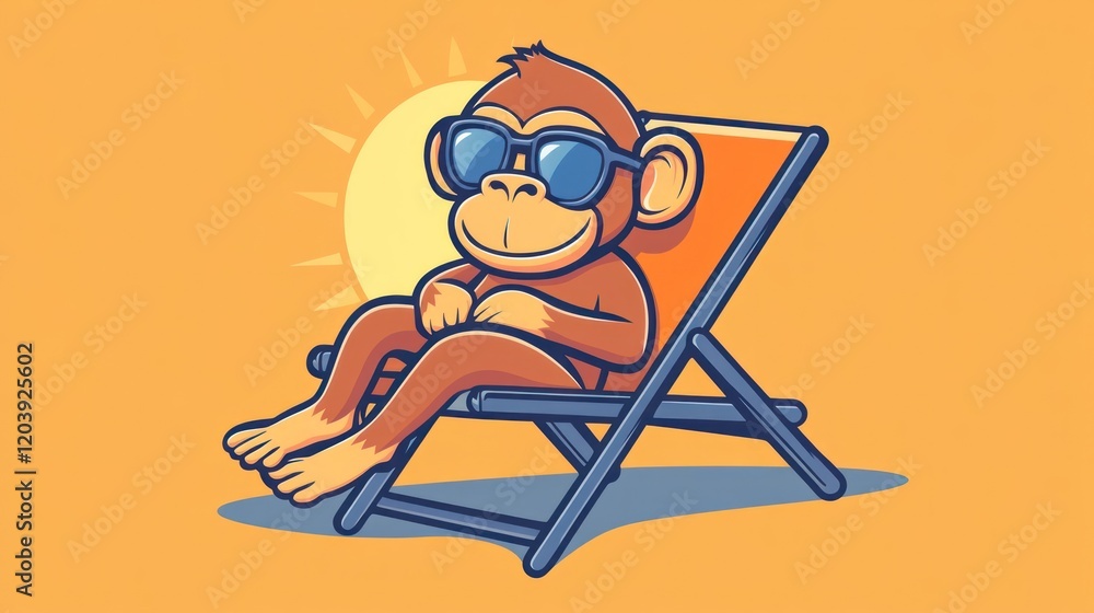 Happy monkey relaxing on a beach chair under the sun, wearing sunglasses. Happy monkey relaxing on a beach chair under the sun, wearing sunglasses.