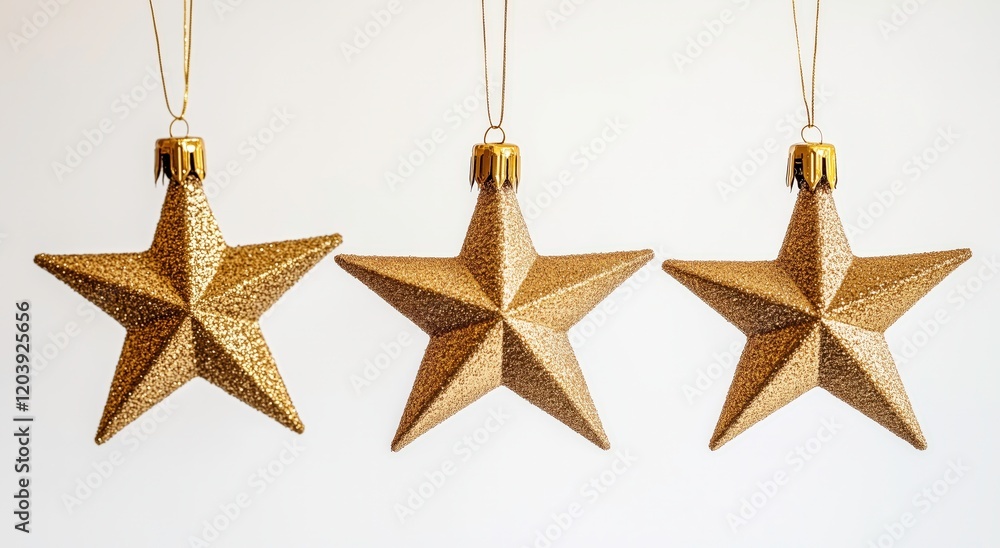 Golden Star Ornaments: Three elegant gold star ornaments with a sparkling glitter finish, perfect for adding a touch of festive magic to your Christmas decor. Golden Star Ornaments: Three elegant gold star ornaments with a sparkling glitter finish, perfect for adding a touch of festive magic to your Christmas decor.