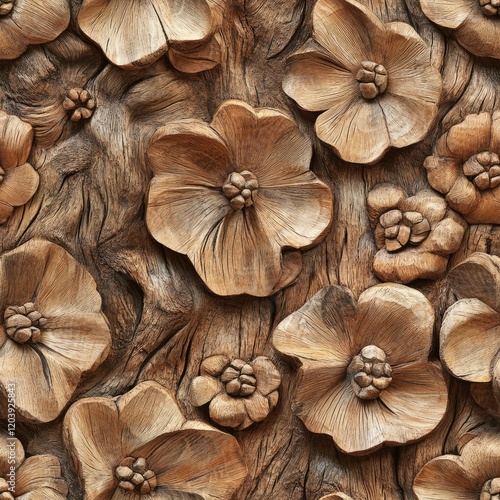 Flowers carved from raw wood with realistic bark textures in a seamless arrangement . Seamless abstract 3d pattern background