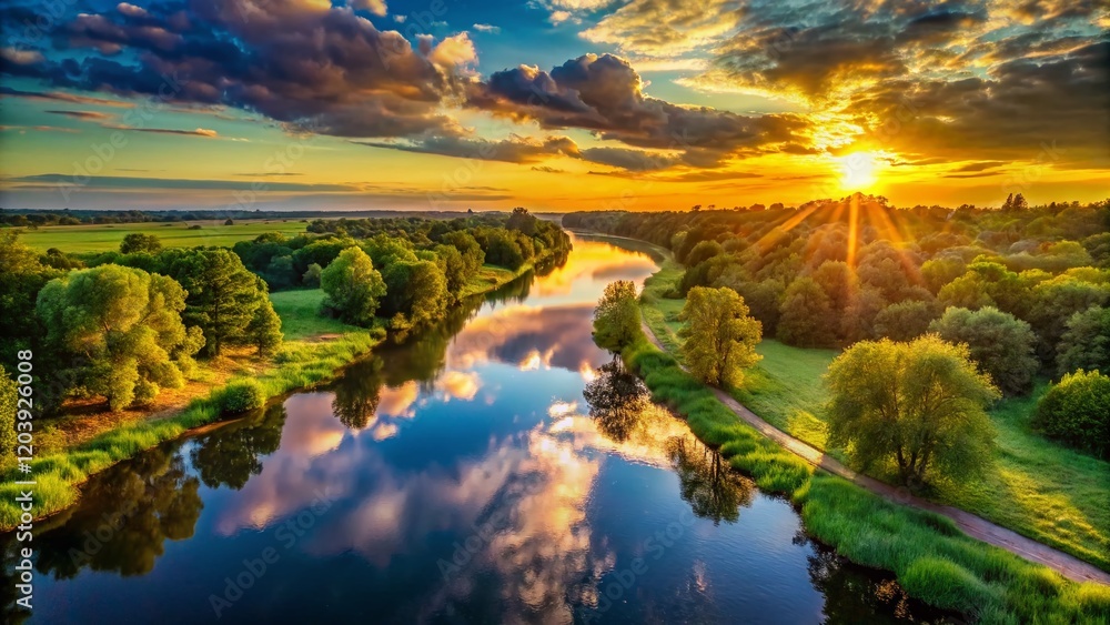 Fototapeta premium Panoramic River View Landscape Photography: Serene Sunset Over Calm Water