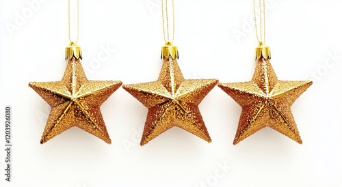 Golden Star Ornaments: Three sparkling golden star ornaments hang from a string, shimmering with festive charm. Perfect for adding a touch of elegance and holiday cheer to your design projects. photo