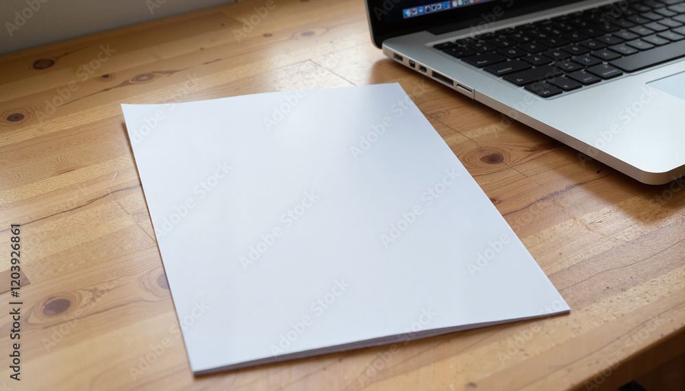 Photorealistic A4 Paper Mockup with Laptop, blank sheet on wooden desk, professional workspace setup Photorealistic A4 Paper Mockup with Laptop, blank sheet on wooden desk, professional workspace setup