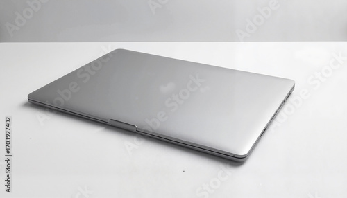 Photorealistic Closed Laptop Mockup, sleek blank on white surface, metallic texture, minimalist presentation