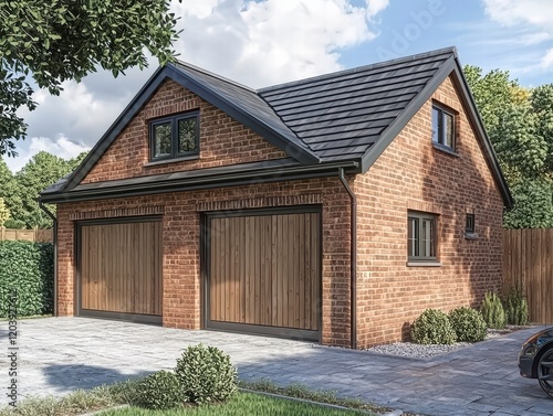 Wallpaper Mural Detached Double Garage: A modern double garage design, featuring a charming brick exterior, a sloped roof with dormer windows, and stylish wooden garage doors. Torontodigital.ca