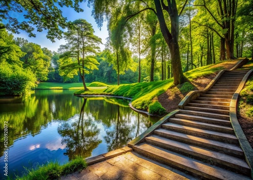 Panoramic View: Concrete Steps & Pond in a Wooded Park, Grassy Pathway photo