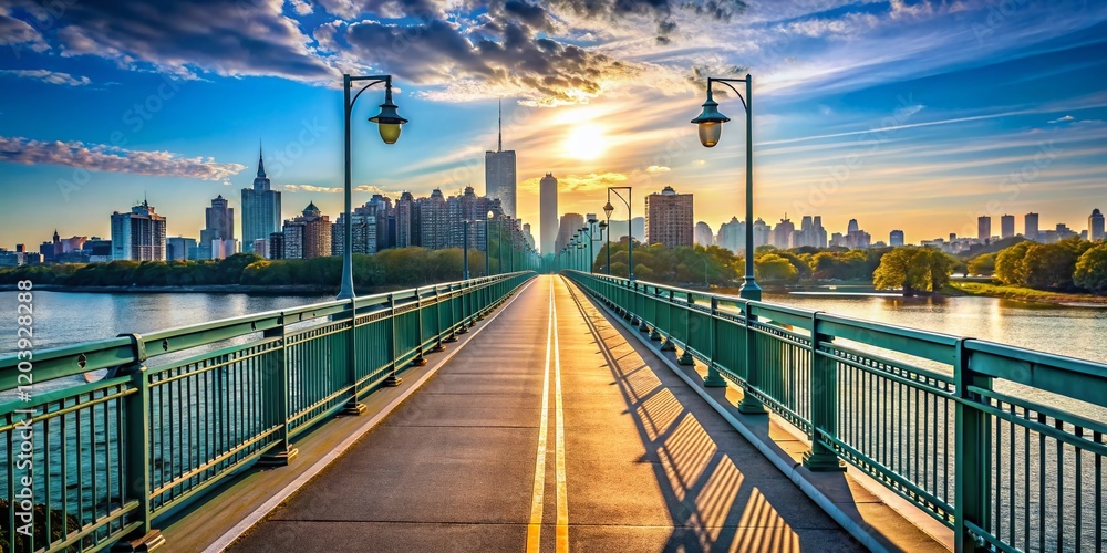 Obraz premium Panoramic View: Empty Pedestrian Walkway, Triborough Bridge, NYC Skyline