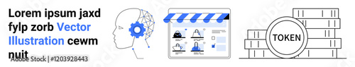 Human head with a gear and neural connections, online store with user profiles, and stacked tokens. Ideal for AI, automation, digital business, e-commerce, technology, cryptocurrency and innovation