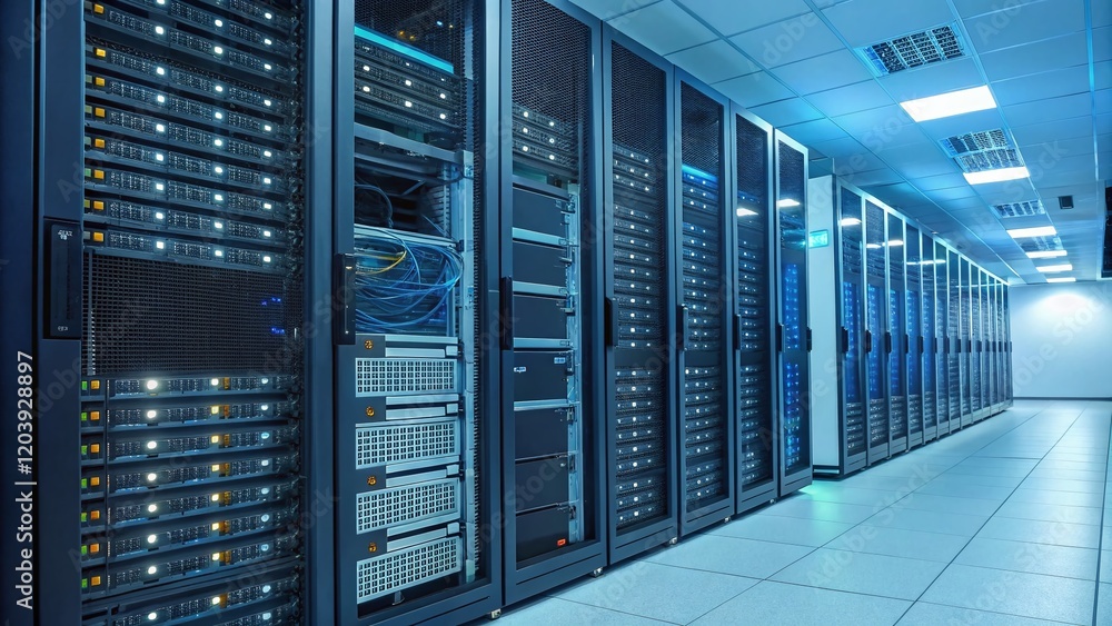 Panoramic View of a Data Center Server Room with Hard Drives Panoramic View of a Data Center Server Room with Hard Drives
