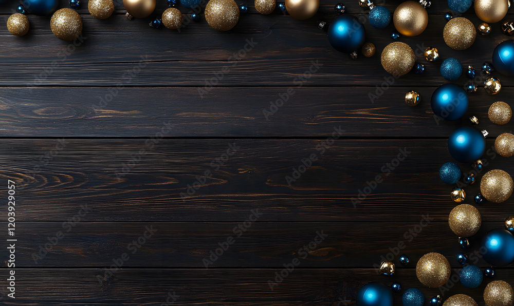 Naklejka premium Christmas Ornaments on Dark Wooden Background with Copy Space
