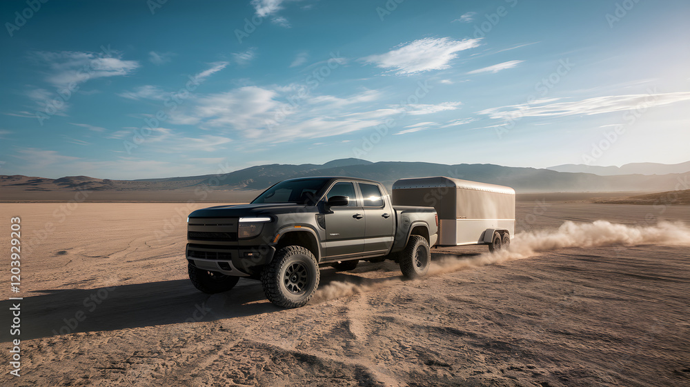 Pickup Truck Towing Through Desert Under Blazing Sun Pickup Truck Towing Through Desert Under Blazing Sun